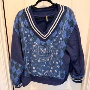 Free People Blue V-Neck Patterned Women’s Sweater